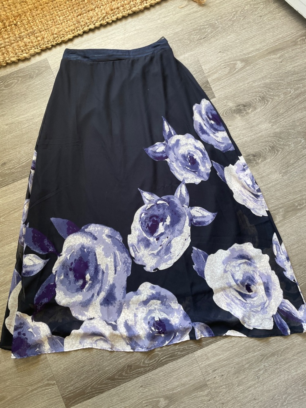 Black A-Line Skirt with Blue/Purple Floral Pattern